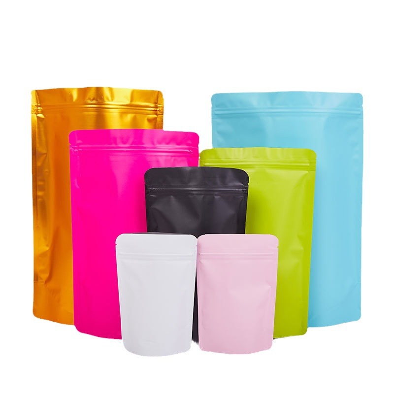 Bolsa de papel de aluminio de color, bolsa autosellante autoportante, bolsa sellada opaca de doble cara, cebo de pescado, bocadillos de té, bolsa con cremallera que evita la luz