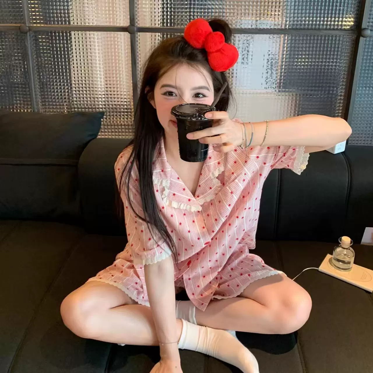 星星粉条纹少女睡衣夏季短袖短裤ins风套装休闲慵懒风花边家居服