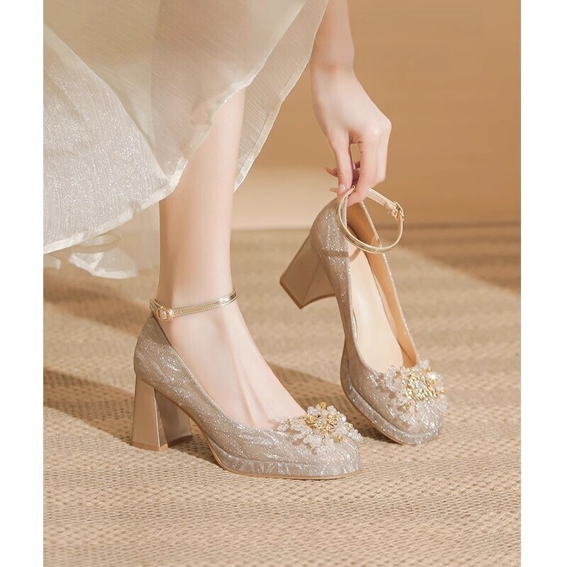 Mary Jane Bridal Shoes, Versatile for Wedding and Wedding Dress, with Chunky Heels in Champagne Color, Stunning High Heels with Waterproof Platform That Are Comfortable and Won'T Tire Your Feet