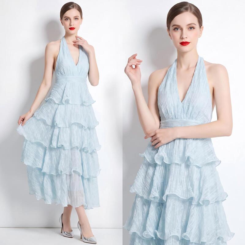 Carefully Selected French Resort-Style Fairy-Like Blue Backless Halter Dress for Women, with a High-End Feel, Niche, Sweet, and Layered Cake-Like Design Carefully Selected French Resort-Style Fairy-Like Blue Backless Halter Dress for Women, with a High-End Feel, Niche, Sweet, and Layered Cake-Like Design