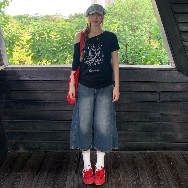 美式复古深迪蓝阔腿七分牛仔裤女夏季高腰宽松小个子直筒水洗中裤|undefined