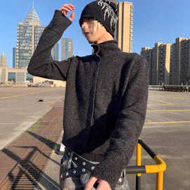 高货 混纺卷边开衫纽扣长毛毛织保暖高领针织开衫毛衣百搭棉