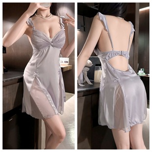 2025 Spring and Summer New Purple Underwear Sexy Pajamas Women Ice Silk Pure Desire Wind Lace Belt Chest Pad Sling Nightgown