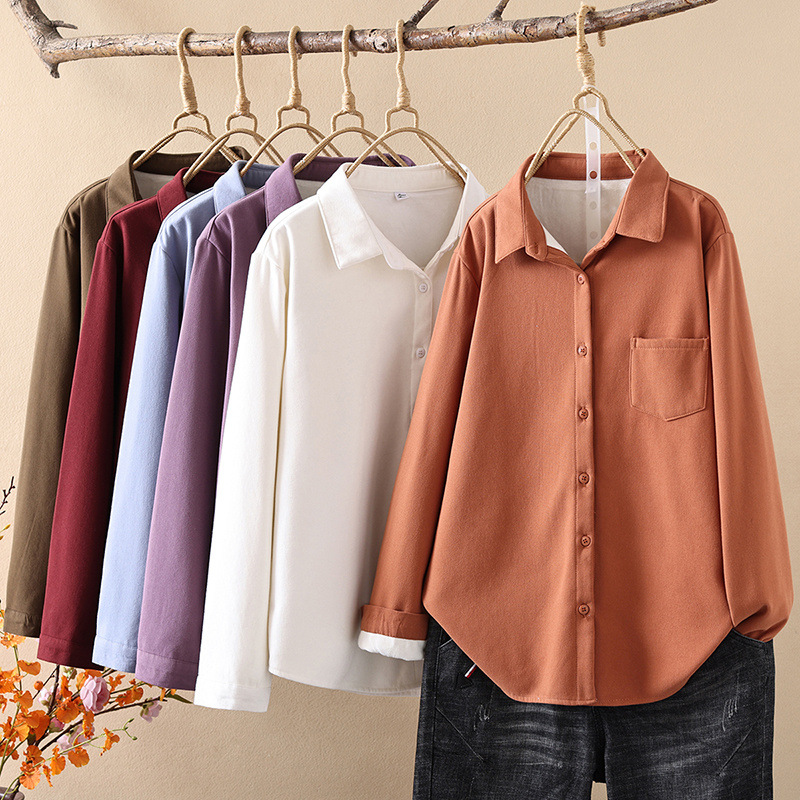 2024年秋冬装 加绒加厚磨毛纯色女士口袋保暖衬衫衬衣批发潮