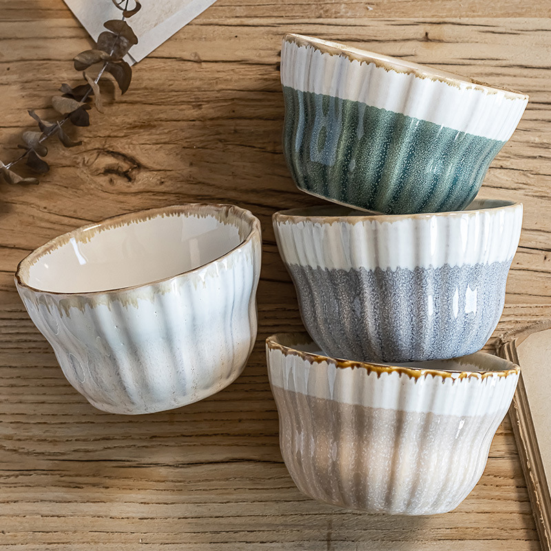 Tazón de arroz multicolor vidriado retro Tazón de sopa dulce para el hogar Tazón de avena Postre de cerámica Tazón pequeño Cuenco de arroz seco práctico