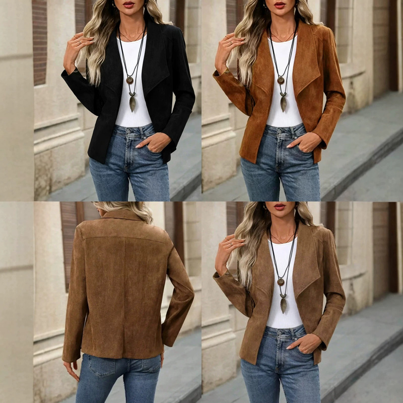 Amazon Temu Cross-Border New European and American Style Spring and Autumn Solid Color Long-Sleeve Lapel Cardigan Design Blazer