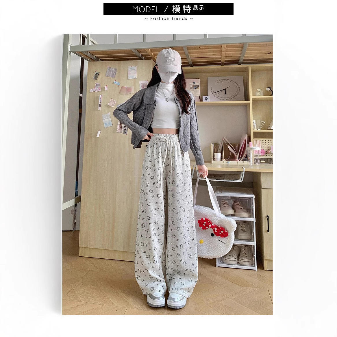 金韩印花小猫咪直筒休闲裤女春款2025新款时尚垂感长裤高腰显包邮