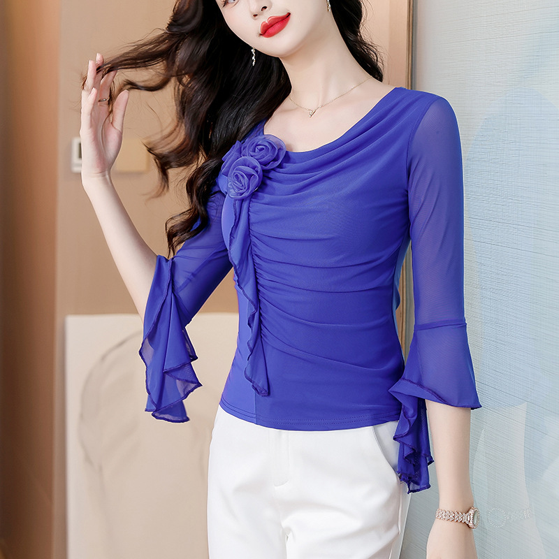 Spring Women's Slanted V Neck Rose Mesh Top, Niche Style, Unique and Super Nice Single Wear T-Shirt Spring Women's Slanted V Neck Rose Mesh Top, Niche Style, Unique and Super Nice Single Wear T-Shirt