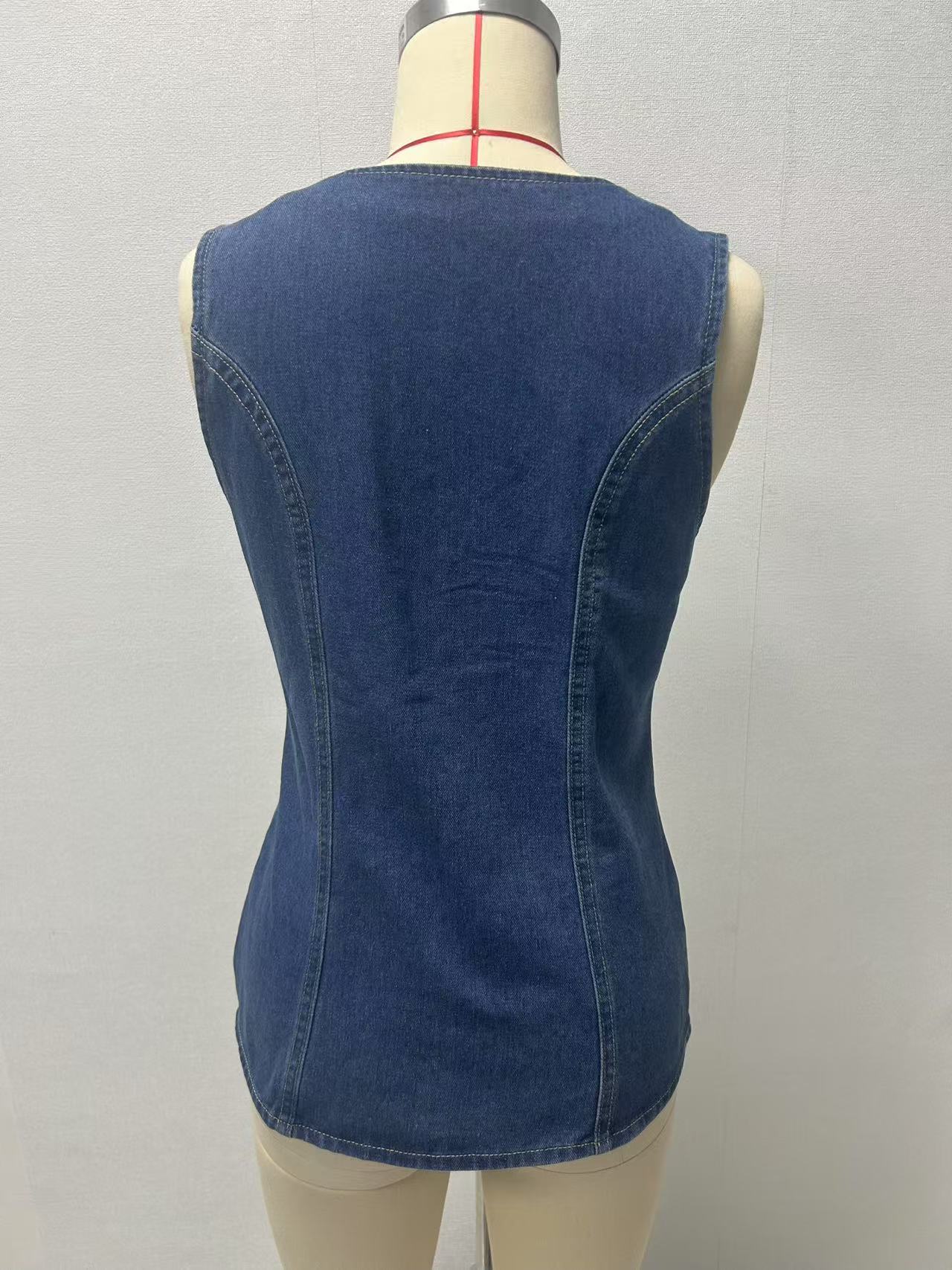 262g Weight Sleeveless Sleeve Length Single Breasted Placket Type Polyester, Denim Fabric Type Regular Top Length Vest Tops Type Holiday, Travel, Daily Occasion Round Neck Neckline Slim Fit Type Solid Color Pattern Summer Season Women's Gender Streetwear Style Wholesale Women's Streetwear Solid Color Sleeveless Tank Tops 6