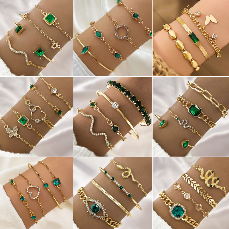 European and American Cross-border Green Diamond Imitation Gem Love Eyes Butterfly Snake Bracelet suit Multi-layer Stacked Emerald Bracelet