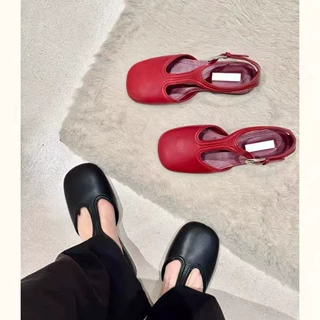 小众夏季新款法式复古包头一字扣凉鞋女百搭浅口T型带平底鞋女