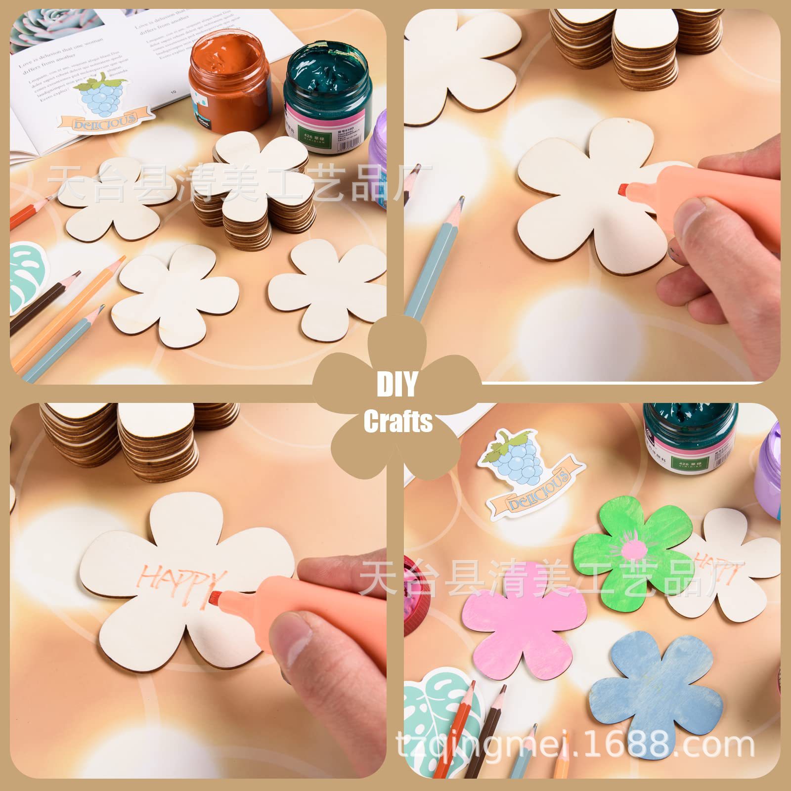 75mm madera en forma de flor de ciruelo, hoja de madera decorativa en forma de flor, hoja decorativa de dibujos animados pintada para niños, 60 piezas en un paquete