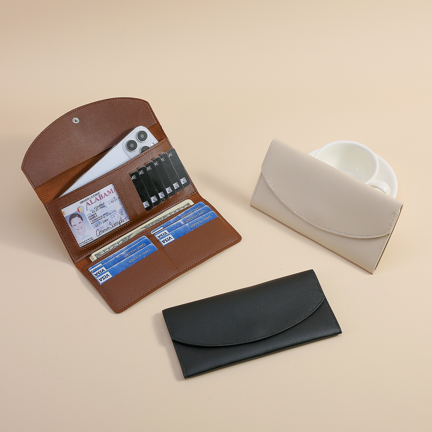 Cartera japonesa de cuero suave, bolsa de tarjetas de crédito plegable de tres partes, tarjeta plegable de cuero de vaca, lichi, cremallera, bolsa de cambio para mujeres