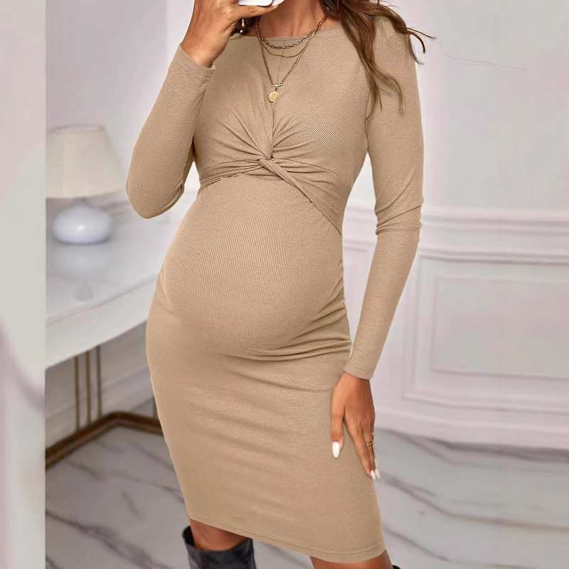 Cotton Maternity Dress for Cross-Border European and American Foreign Trade, Long-Sleeved Maternity Dress with Elegant Twist Knot and Slim Fit Maternity Dress Cotton Maternity Dress for Cross-Border European and American Foreign Trade, Long-Sleeved Maternity Dress with Elegant Twist Knot and Slim Fit Maternity Dress