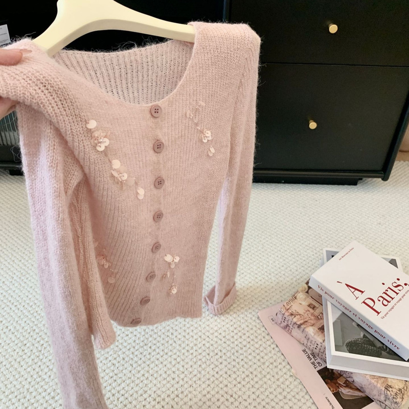 2026 Autumn New Arrival: Women's Elegant Korean-Style Lazy Chic Sequin Knit Cardigan, Soft and Gentle Knit Top