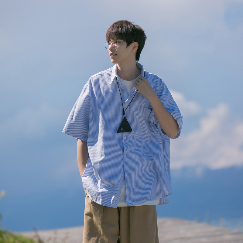 Striped Short-Sleeved Shirt Men's Summer Ice Silk Japanese Style Cityboy Shirt High-End Youth Large Size Top Striped Short-Sleeved Shirt Men's Summer Ice Silk Japanese Style Cityboy Shirt High-End Youth Large Size Top