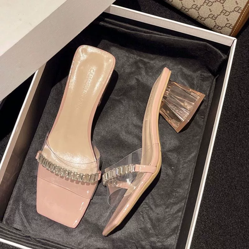 2025 новые стильные прозрачные тапочки на высоком каблуке со стразами для женщин. 2025 весенняя новая сексуальная верхняя одежда, модные босоножки на среднем каблуке на толстом каблуке.