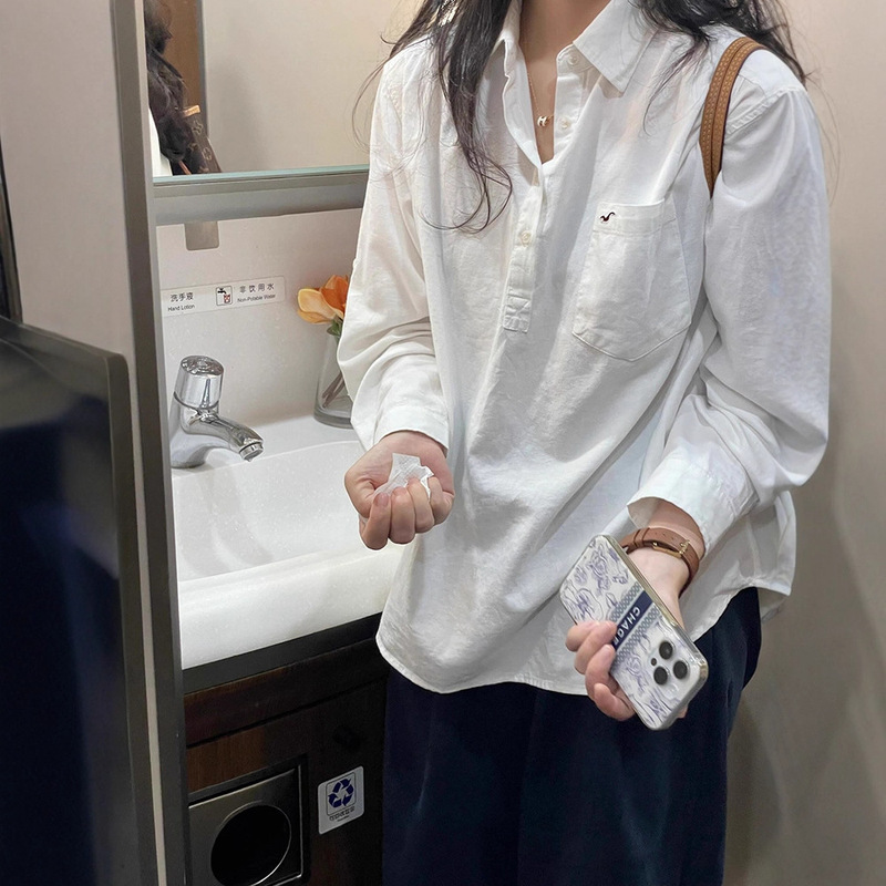 French High-End White Half-Open Collar Long-Sleeved Shirt Women's Summer Lazy Loose Slimming Chic Versatile Top