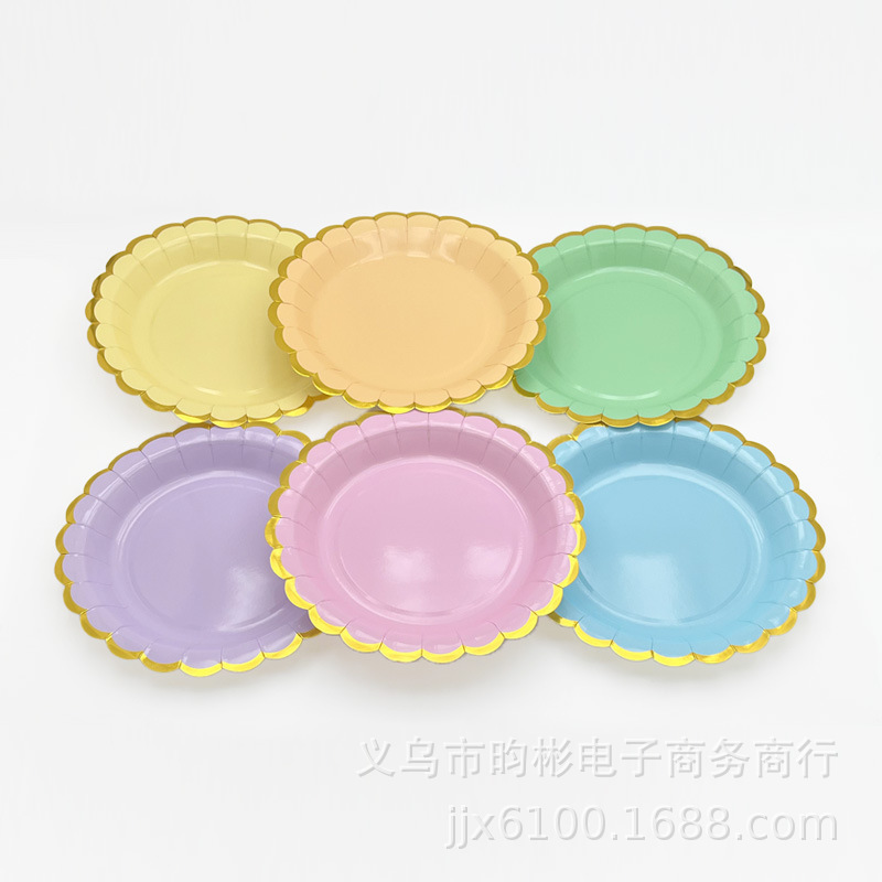 Factory Wholesale Cross-Border Disposable Round Macaron Gold Edge Paper Plate Birthday Party Dessert Plate