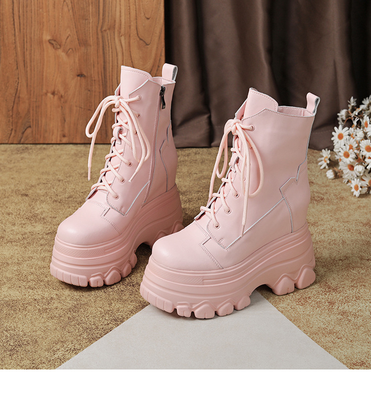 Boot nữ da thật đế dày tăng chiều cao 12 cm dây buộc cổ thấp — Đen lót nhung chi tiết 17