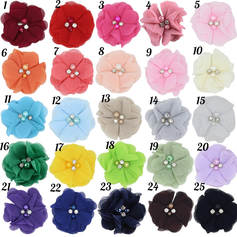 Handmade chiffon flower 6cm hand-stitched Pearl Rhinestone fabric flower DIY corsage flower head flower shoes and hats clothing accessories