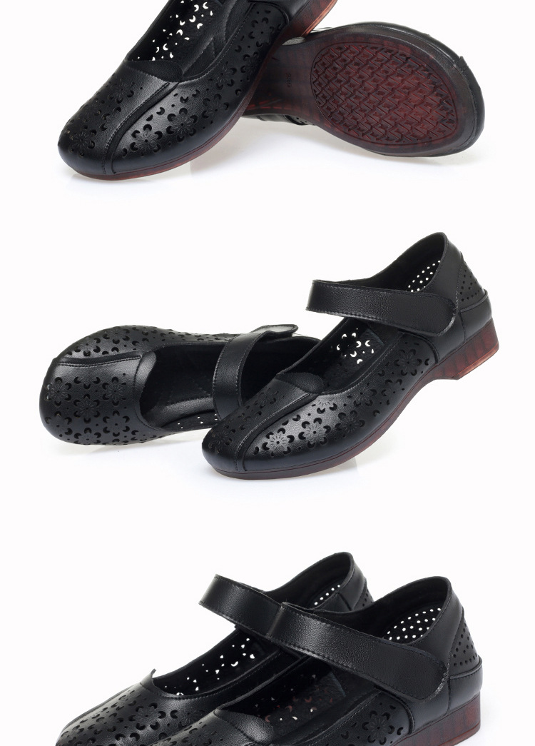 Sandal da thật mùa hè cho nữ trung niên đế mềm chống trượt — Màu đen chi tiết 17