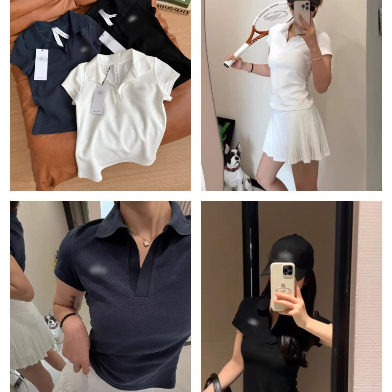 Alo Gant25 New Style Lapel Polo Short-Sleeved T-Shirt for Women, Slim Fit, Slimming, Pure Color Top, High-End Summer Style