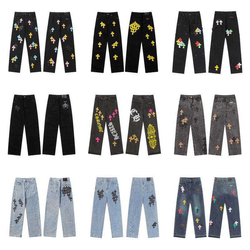 Cross-border trendy brand washed distressed vintage cross iron patch loose straight casual jeans for both men and women Cross-border trendy brand washed distressed vintage cross iron patch loose straight casual jeans for both men and women