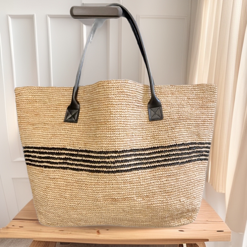 French-Style High-Quality Large-Capacity Raffia Striped Woven Bag for Women, Versatile Straw Tote Shoulder Bag for Beach Vacation
