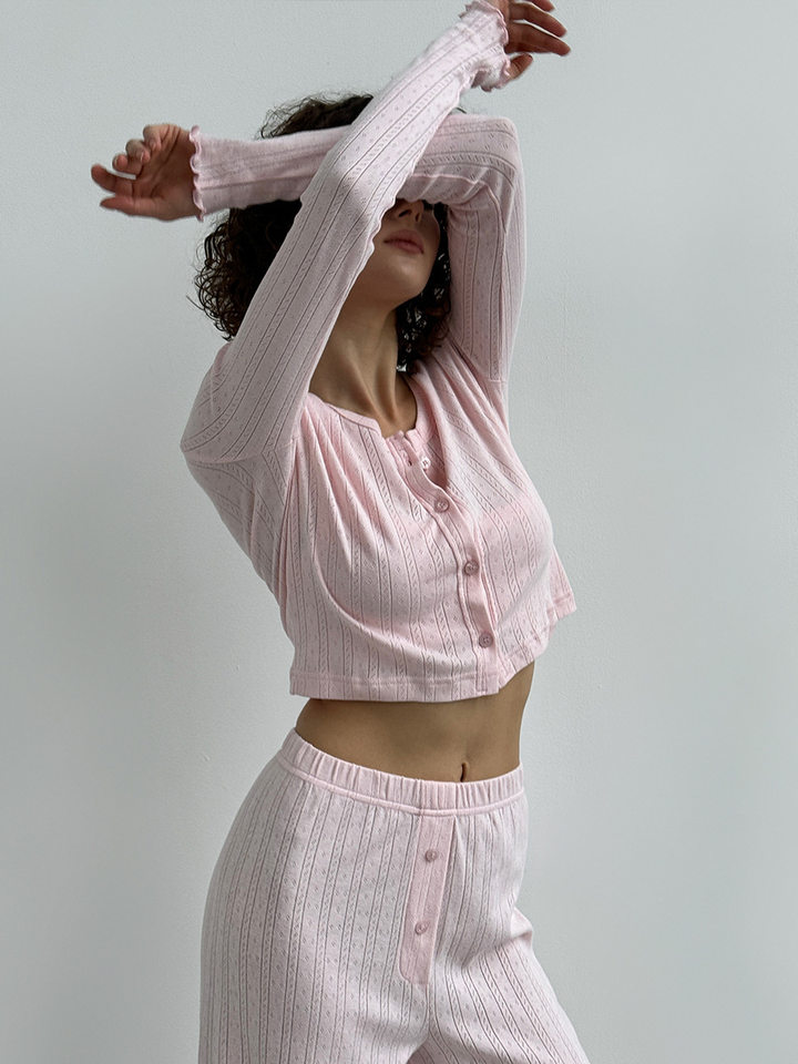 Bộ đồ ngủ nữ 3 món áo cardigan dài tay quần dài họa tiết jacquard — Màu be, Màu hồng chi tiết 74