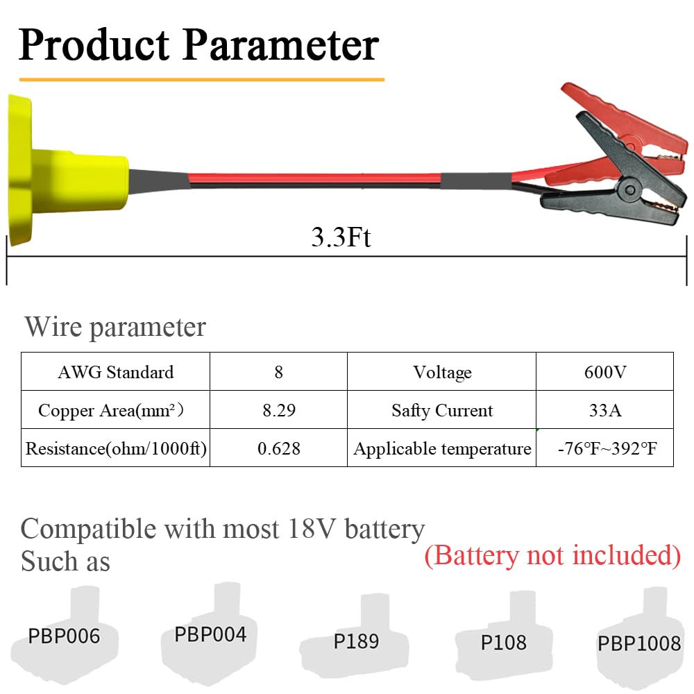 Jumper Cable Adapter Battery Starter Car Booster Cable for Ryobi 18V Battery