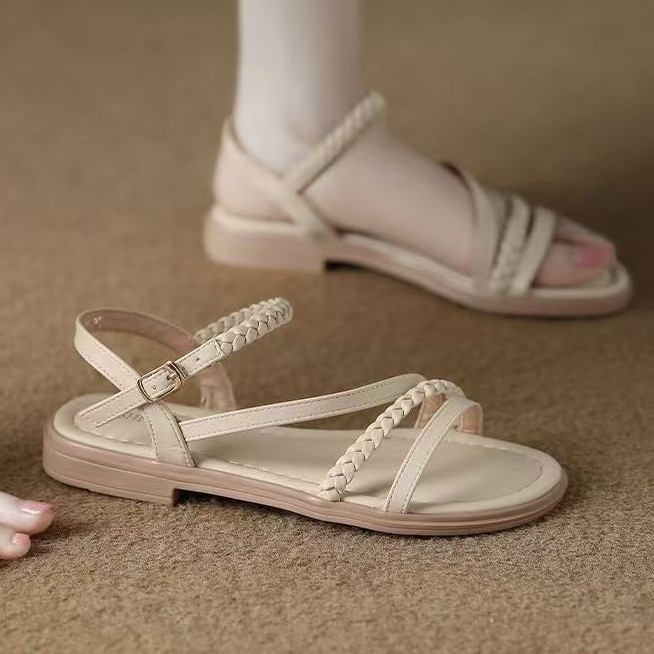 2026 nuevo verano tejido lazos planos cómodos ligeros y poco profundos estilo romano de hebilla sandalias de mujer