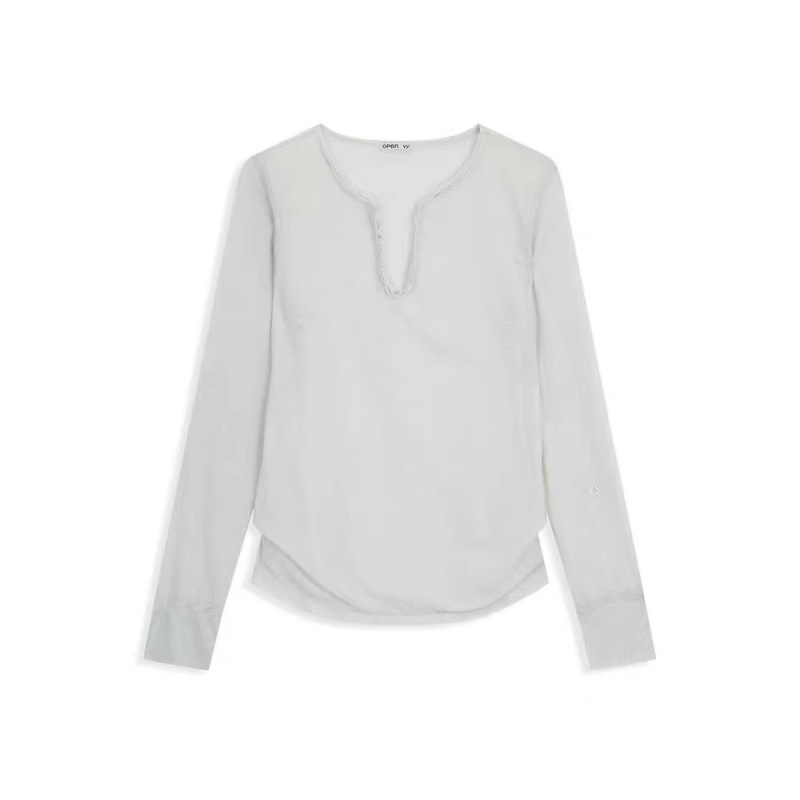 Yb Openyy26 Early Spring New Style V-Neck Slightly See-Through Slim Fit T-Shirt Mesh Crochet Henry Long-Sleeved Bottoming Shirt for Women