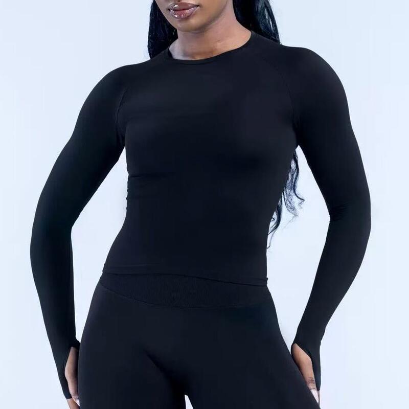 Cross-border Amazon sports long-sleeve high-elastic fitness top with thumb holes, seamless outdoor sports yoga wear for women Cross-border Amazon sports long-sleeve high-elastic fitness top with thumb holes, seamless outdoor sports yoga wear for women