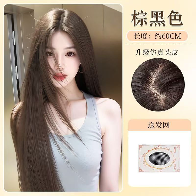 [machine-made style] center-parted straight hair brown and black + hair net