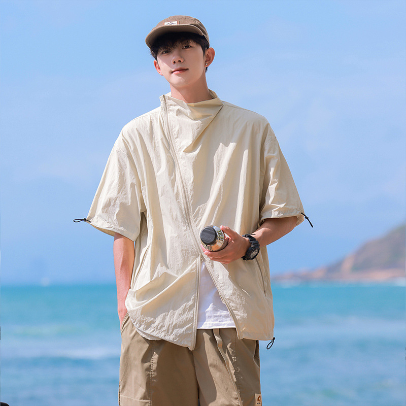 Mountain-Style Outdoor Jacket Short-Sleeved Shirt Men's Summer Trendy Design Diagonal Zipper Shirt Jacket Loose Fit