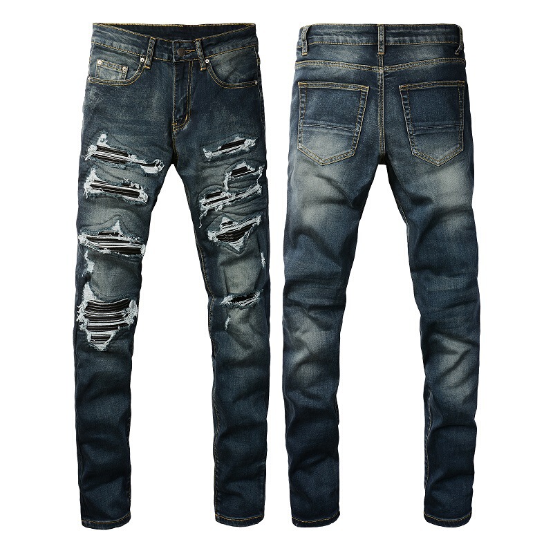 Dropshipping European and American Men's Jeans Men's Trendy High Street Pants Ripped Patchwork Leather Slim Men's Pants 1320 Dropshipping European and American Men's Jeans Men's Trendy High Street Pants Ripped Patchwork Leather Slim Men's Pants 1320