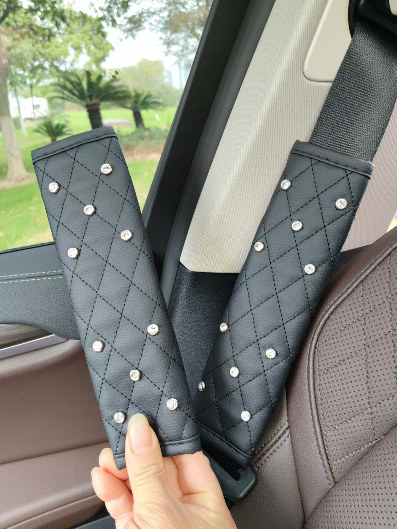 Car leather black shoulder pads with rhinestones, car shoulder pad covers, metal crown with rhinestones shoulder pad covers (set of two)
