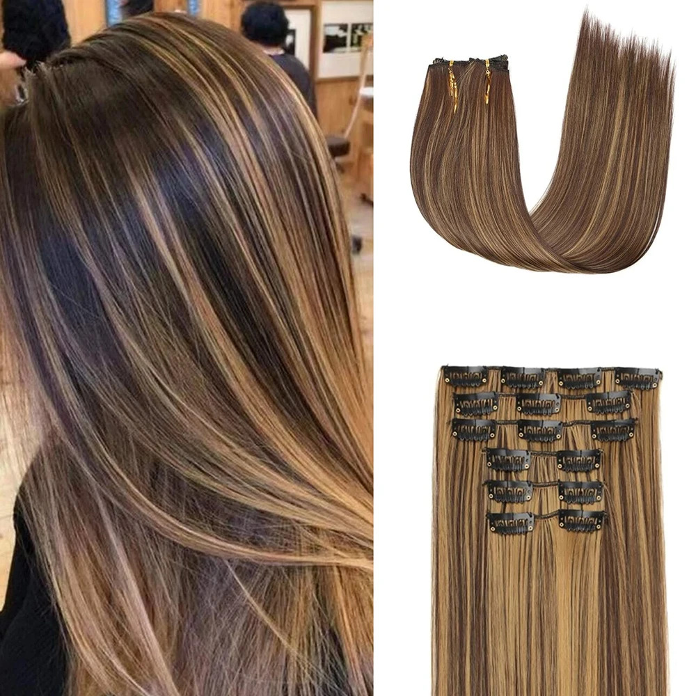 Piezas de 6 piezas para el cabello con tarjeta, piezas para cabello lacio europeo y americano, piezas para pelucas, piezas para cabello sin costuras, 24 "cabello de fibra química resistente al calor