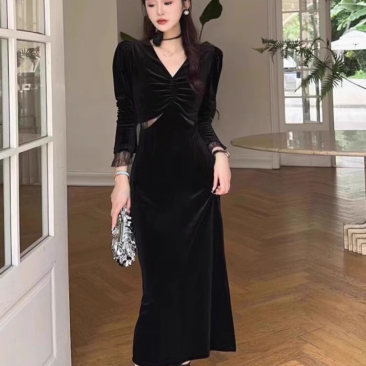 欧美跨境亚马逊黑色长袖金丝绒连衣裙v领网纱露腰包臀开叉中长裙|undefined