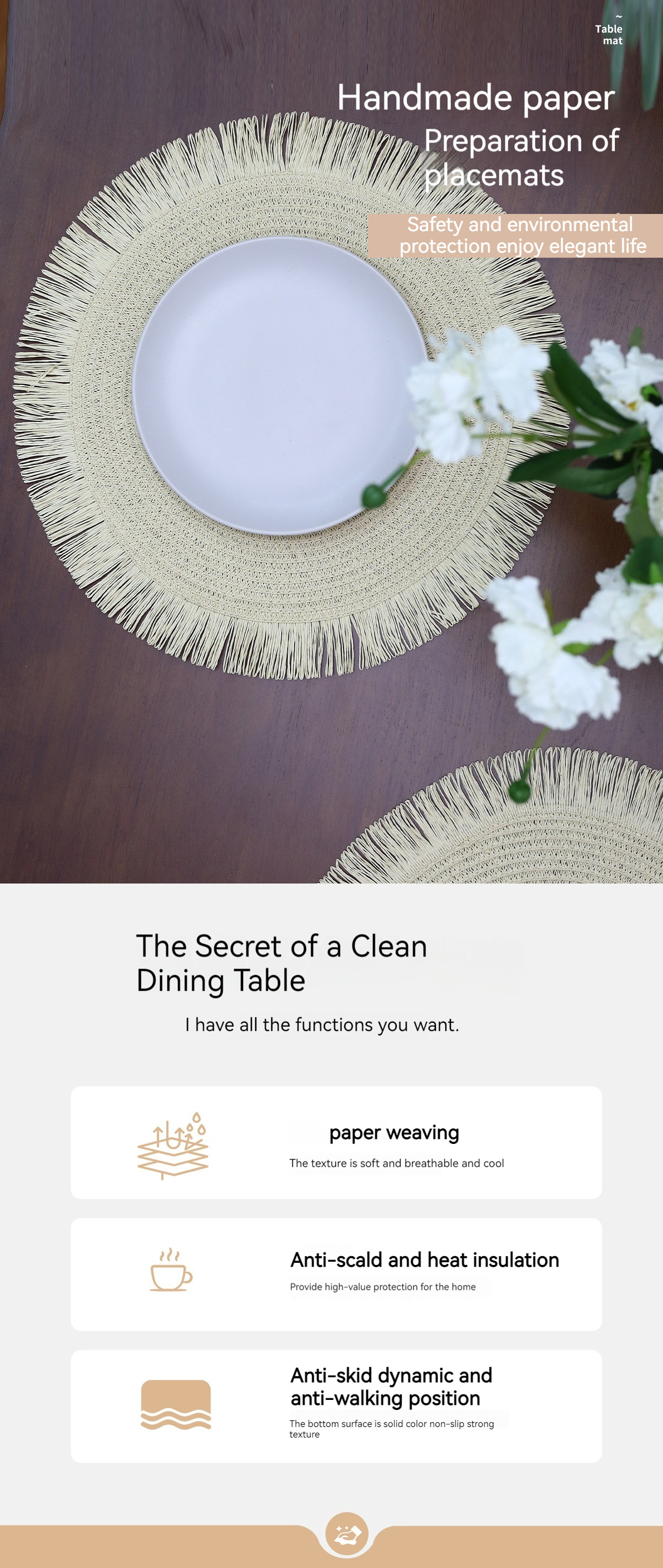跨境新品38CM圆形纸编编织餐垫纸质流苏家居餐厅隔热垫杯垫装饰垫详情2
