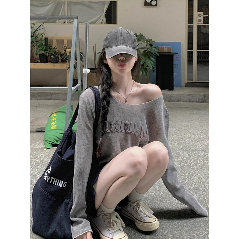 韩系灰色针织长袖T恤防晒衫女夏季外搭慵懒斜肩罩衫薄纱上衣|undefined