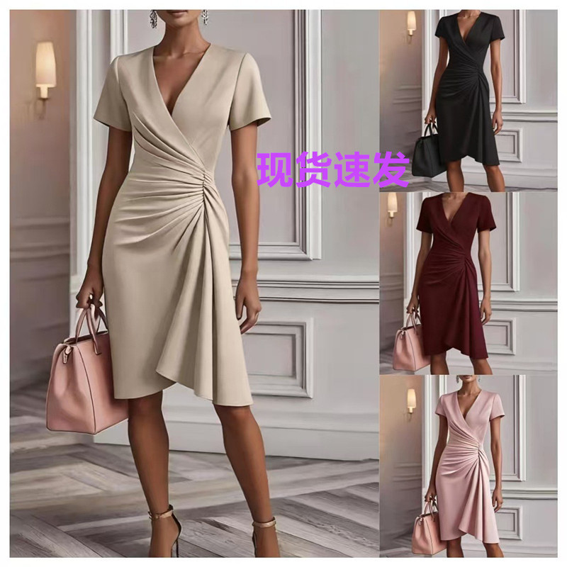 2026 European and American New Style Sexy Slim-Fit Solid Color Bodycon Dress with Long Sleeves and V-Pleated Design Women's Dress