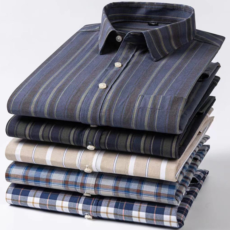 Cross-Border Autumn New Striped Long-Sleeve Shirt, All-Cotton Oxford Fabric, Washed Casual Men's Cardigan Button-Down Shirt