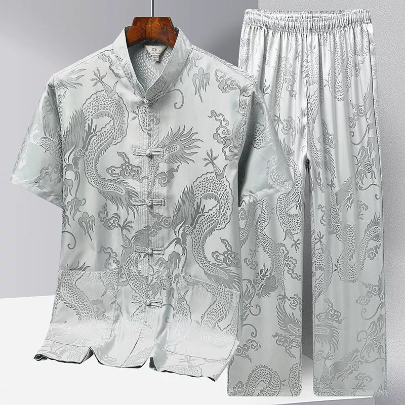 Китайский костюм мужской ледяной шелк с короткими рукавами