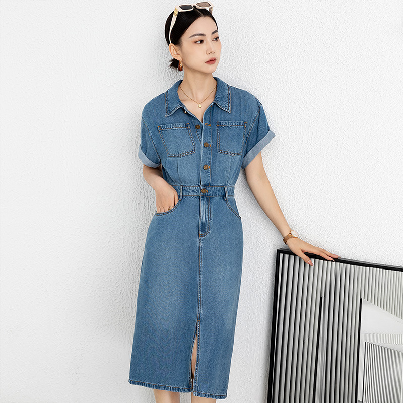 Váy denim nữ cổ polo tay ngắn cúc đơn dáng midi mùa hè — Màu xanh lam