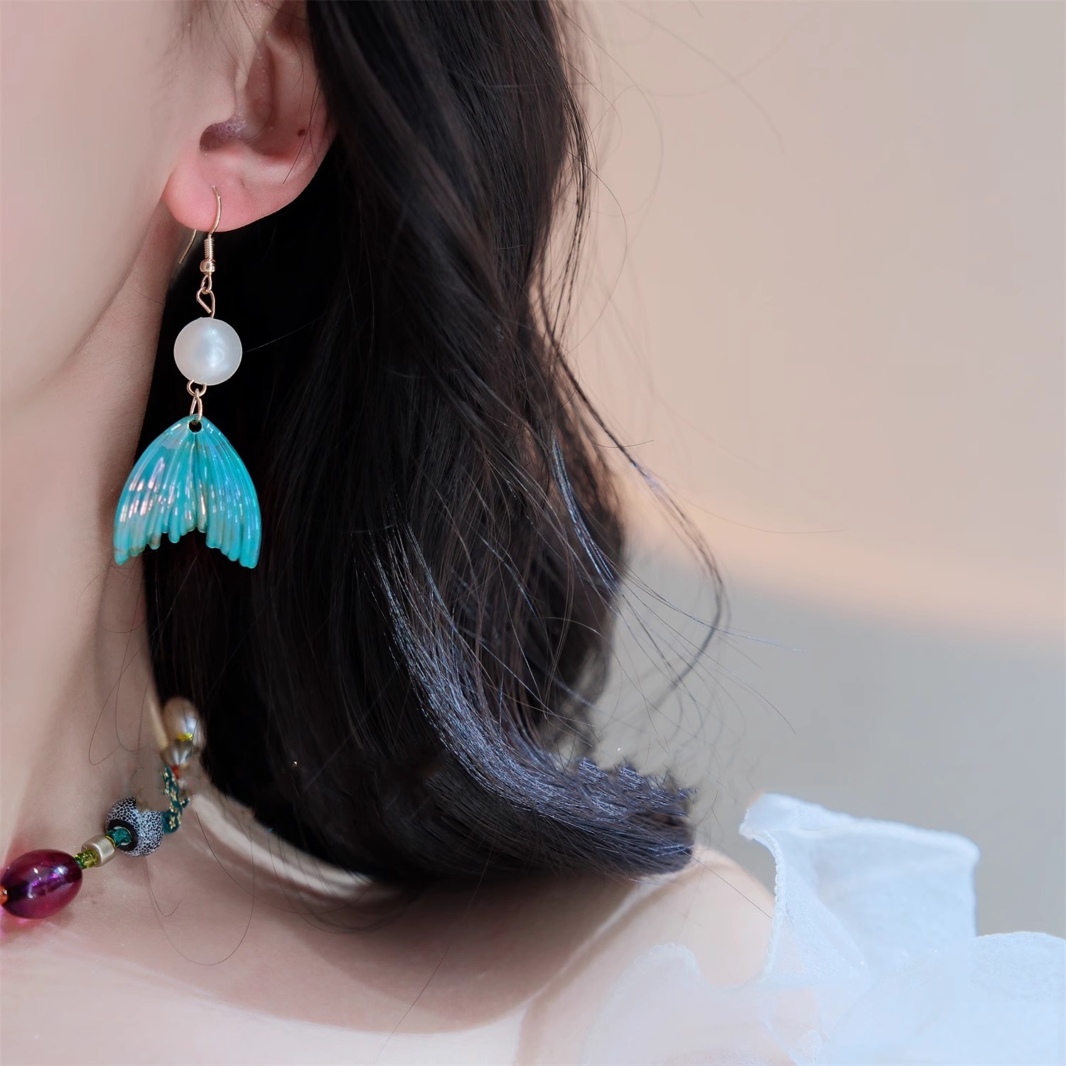 Purple Mermaid Princess Pearl Long Stud Earrings Sterling Silver_voghion.com