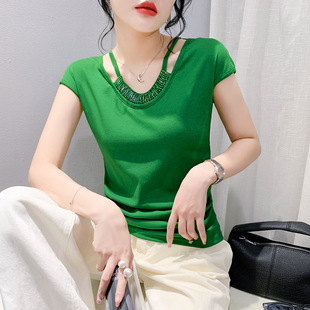 Summer New Pure Sexy Neck V-neck Short-sleeved T-shirt Women's European-made Elegant Slim-fit All-match Irregular Hollow-out Top