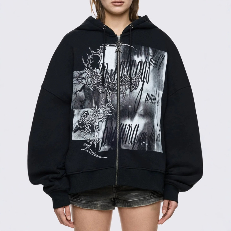 Cross-Border Hot-Selling American Dark Style Grunge Graphic Print Zip-Up Hoodie Sweatshirt