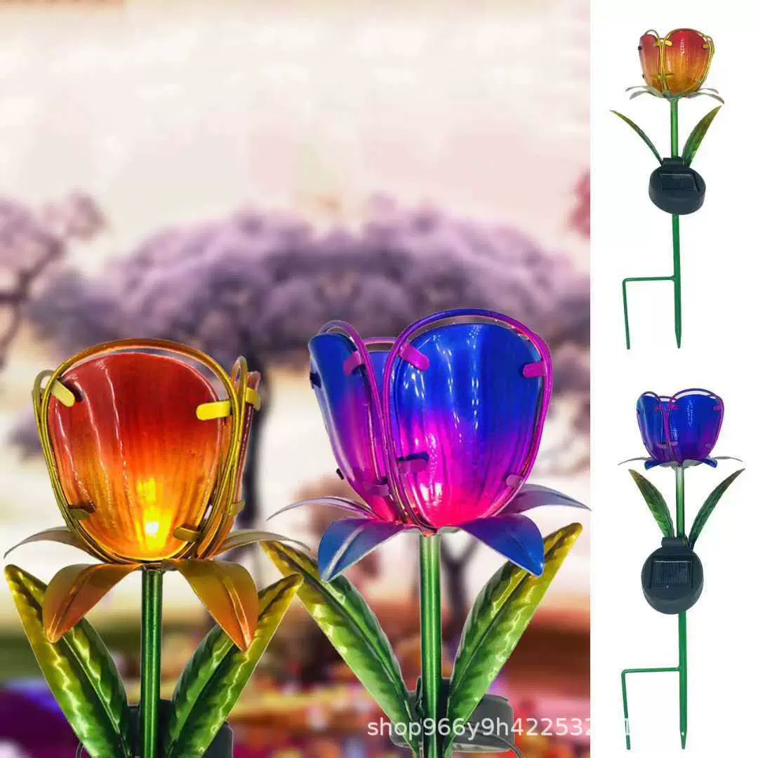 亚马逊新款玻璃仿真花朵户外庭院草坪灯黄色花朵紫色花朵偶地插灯